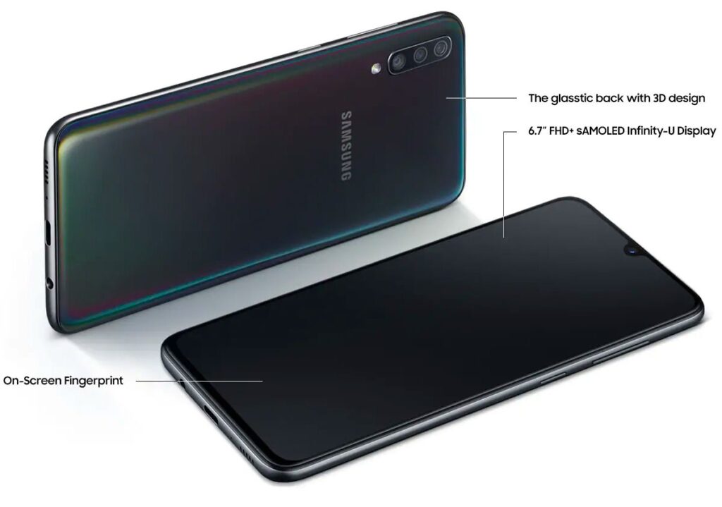 Samsung Galaxy A70 front and back