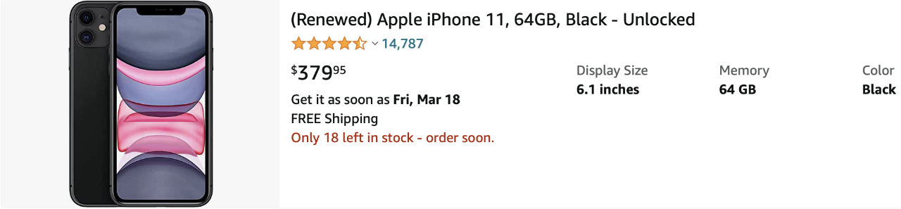 Renewed iPhone 11 on Amazon